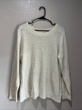 Cathy Daniels Cream Open-Stitch Crewneck Shimmery Sweater Sz L Office TC0468